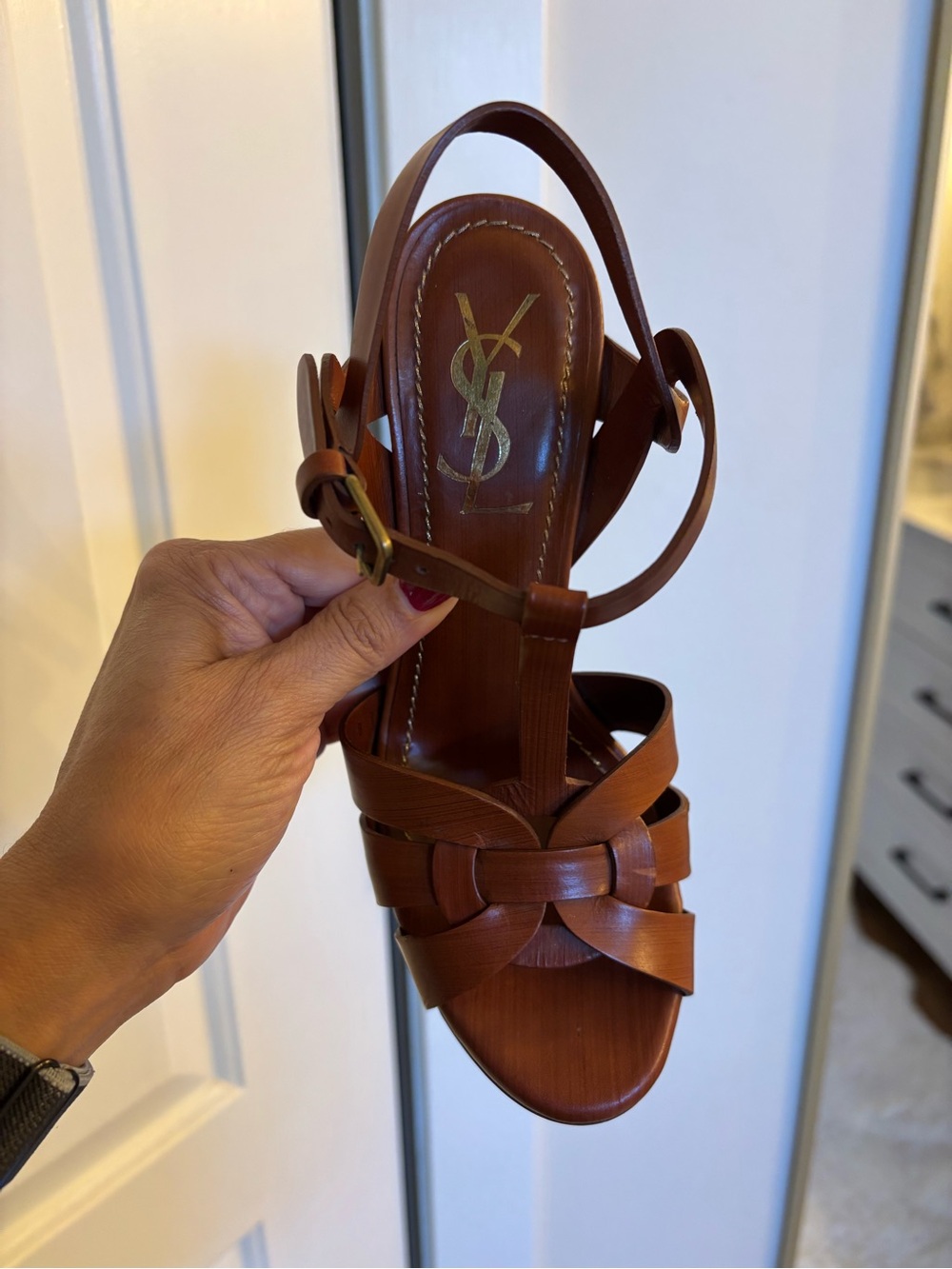 Yves Saint Laurent Tan Leather T-Strap Sandal in Brown - Picture 9 of 9